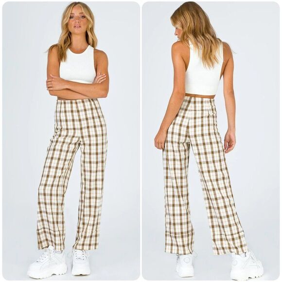 Princess Polly Euros Plaid Wide Leg Pants in Yellow Check | Size 0 - Picture 1 of 9